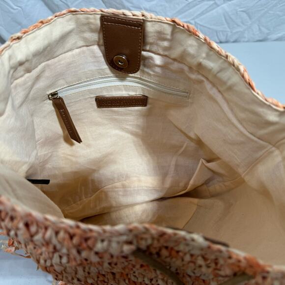 Nordstrom Straw Crossbody BucketBag Coral Drawstring Hobo Boho Eclectic Colorful - Picture 4 of 6